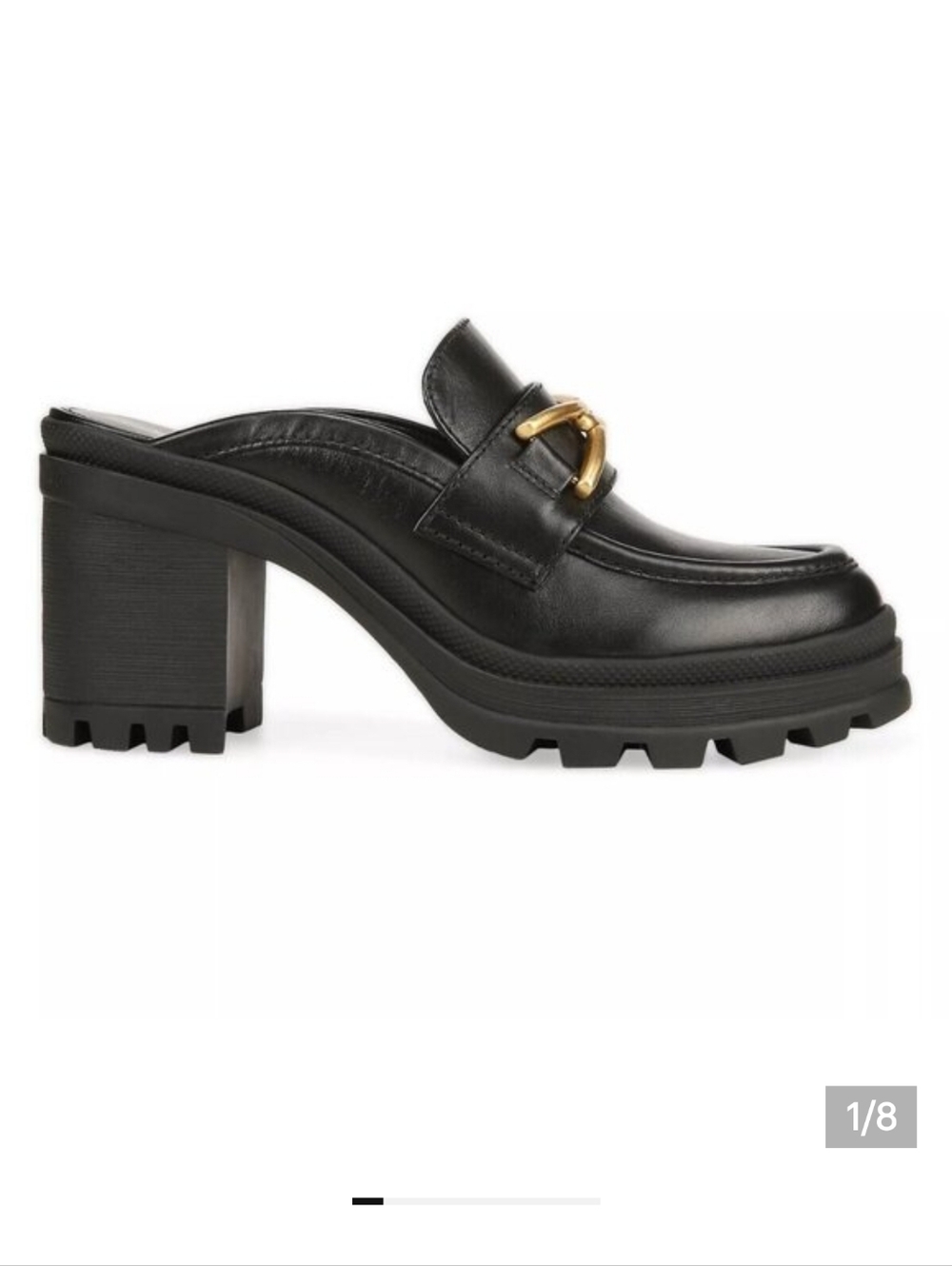 Veronica Beard Black Leather Lug-Heel Mule with Gold Accent